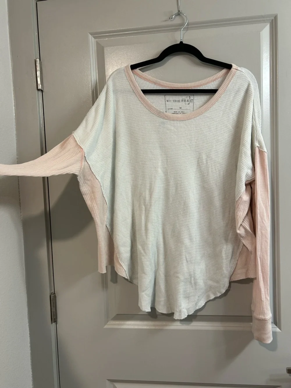 Light Pink and Cream Waffle Free People Long-Sleeve Top - Picture 6 of 7